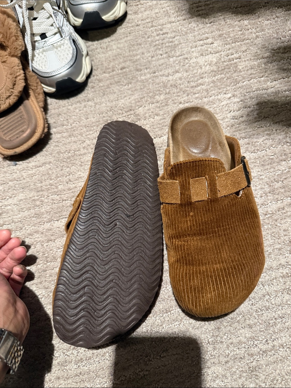 Corduroy Slip-On Clog Mule in Brown with Adjustable Buckle